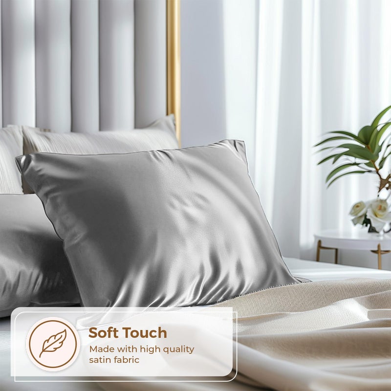 Pure Bedding طقم غطاء وسادة من الساتان النقي من قطعتين - مقاس كوين (20 بوصة × 30 بوصة رمادي) - أغطية وسائد حريرية للشعر والبشرة - أغطية وسائد من الساتان مع إغلاق مغلف - ألياف دقيقة فائقة النعومة - Image 3